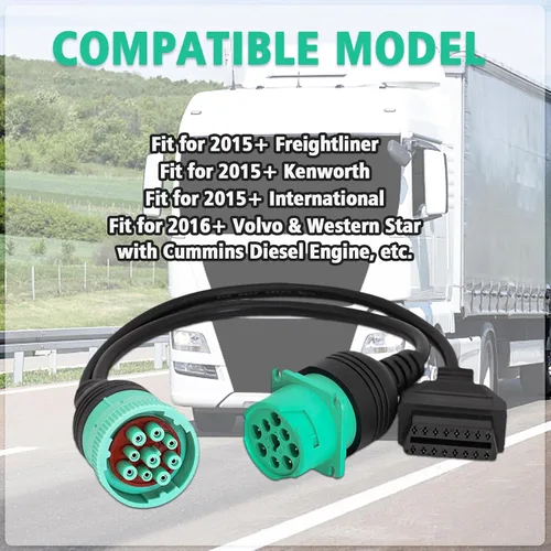 Vista 2 de Cable adaptador hembra J1939 de 9 pines a OBD 2, funciona con escáner de diagnóstico de camión tipo 2 verde J1939 conector de diagnóstico, OBD a 9