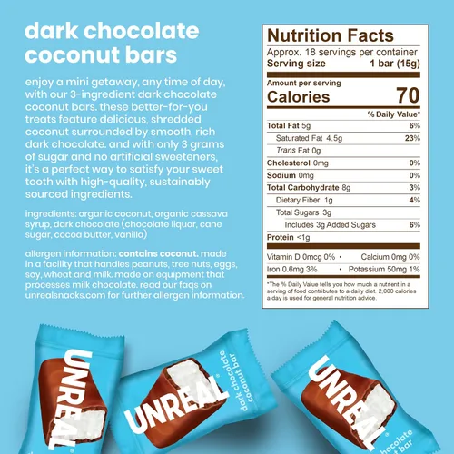 Vista 2 de UNREAL Barras de Chocolate Oscuro con Coco (Bolsa Tamaño Económico) Veganas, 3g de Azúcar y 3 Ingredientes Simples Sin OMG, Sin Gluten