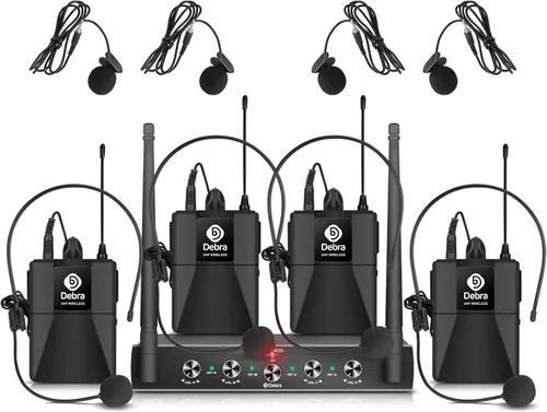 Vista 14 de Debra Audio Pro UHF Sistema de micrófono inalámbrico de 4 canales con micrófonos de mano, lavalier y diadema inalámbricos, receptor de metal, ideal