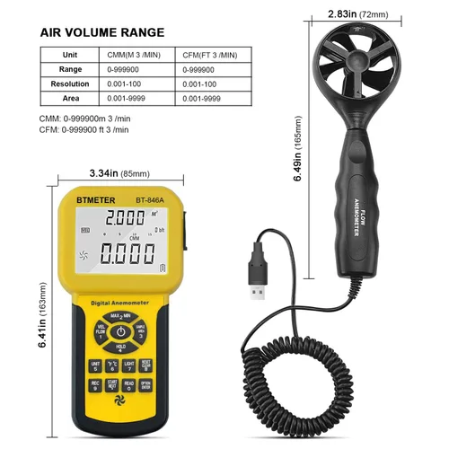 Vista 7 de BTMETER Kit de anemómetro y manómetro de doble puerto Pro CFM - 12 unidades Amarillo claro