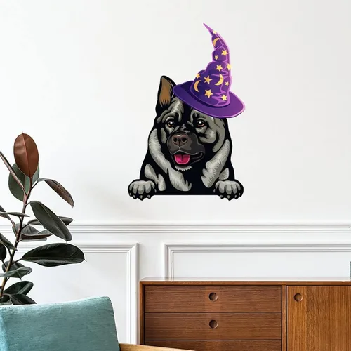 Vista 8 de Calcomanías de pared de Halloween con diseño de brujas, calcomanías de feliz Halloween, calcomanías de bienvenida para perro pug, decoración