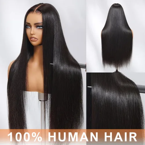 Vista 5 de AAKJJ Pelucas de cabello humano con encaje frontal, densidad del 200%, peluca lacia prearrancada, suave, color natural, 13x4, peluca frontal
