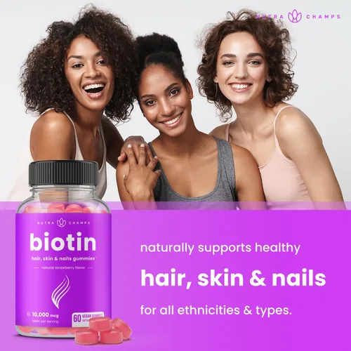 Vista 4 de NutraChamps Gomitas de Biotina 10000mcg [Alta Potencia] para Cabello Saludable, Piel y Uñas, Vitaminas para Mujeres, Hombres y Niños - 5000mcg