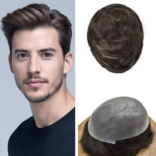 Vista 70 de 0.002 in ultra fina piel tupé Remy cabello humano piezas para hombres V-Looped sistema de pelo para hombre tupé pelo tupé para hombres protesis