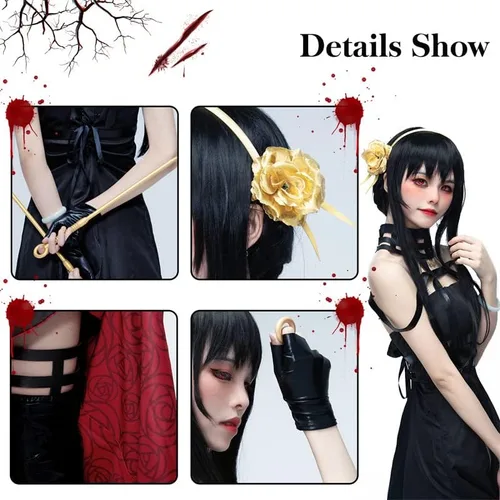 Vista 5 de colarm Yor Forger Cosplay Costume SPY X Family Role-playing Female Killer Gothic Girl Black Dress Uniform with Stockings Set