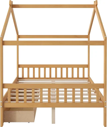 Vista 8 de Merax Cama de plataforma de tamaño matrimonial con dos cajones, marco de cama de madera con diseño de techo con cabecera y estribo, no necesita