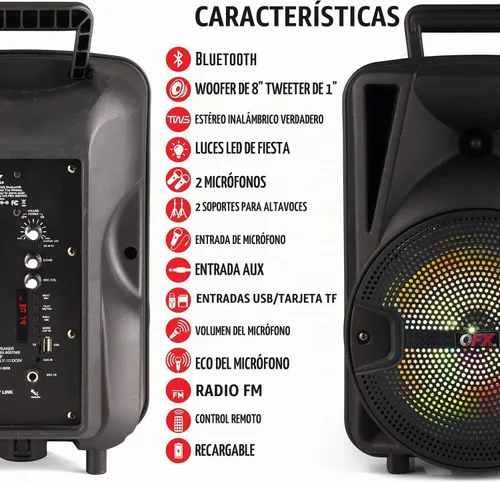 Vista 5 de QFX PBX-800TWS Sistema PA estéreo TWS Bluetooth de 8 pulgadas con 2 altavoces de 8 pulgadas, 2 micrófonos, 2 soportes y un control remoto