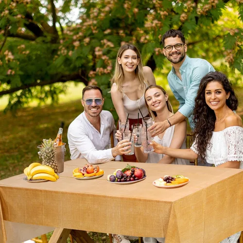 Vista 5 de Preboun Mantel con estampado de arpillera de 3 piezas, mantel rústico de granja, rectangular, impermeable, para fiestas al aire libre, hogar