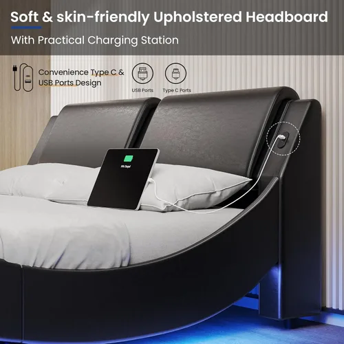 Vista 6 de DICTAC - Marco de cama Queen con luces LED y puertos de carga, cama moderna tapizada tamaño Queen con cabecera, marco de cama de plataforma