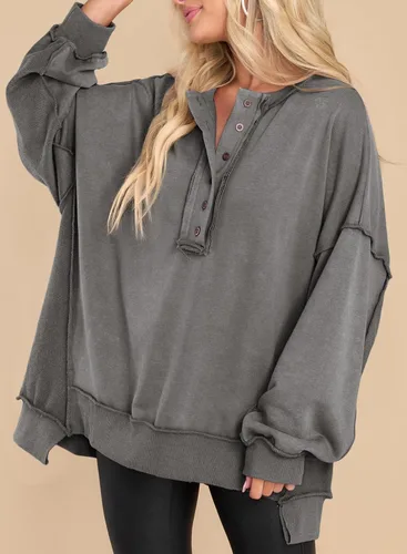 Vista 45 de AlvaQ - Sudadera de gran tamaño para mujer, informal, de manga larga, con botones y cuello Henley, tipo túnica