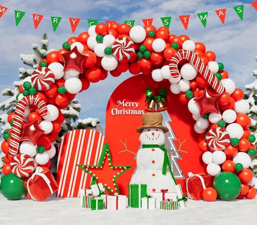 Vista 2 de Kit de arco de guirnalda de globos de Navidad con globos de caramelo verde, rojo y blanco, caja de regalo, globos de estrella roja para decoraciones