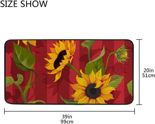 Vista 3 de Kuizee Alfombra de cocina con diseño de girasoles y rayas rojas, alfombra de baño, antideslizante, suave, absorbente de agua, 39 x 20 pulgadas