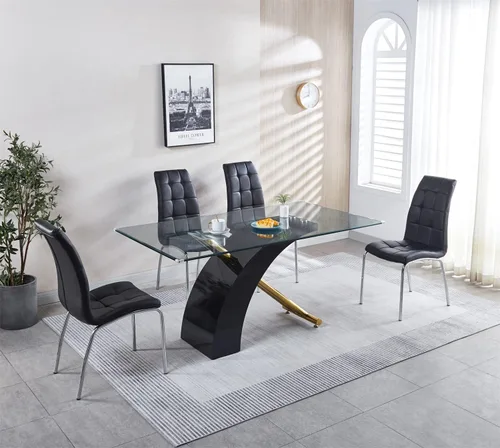 Vista 3 de Mesa de comedor moderna de cristal para 6, mesa rectangular de cocina de 63 pulgadas con mesa de vidrio templado y base de pedestal de madera, base