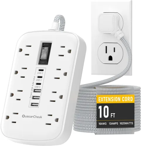 Vista 11 de Cable de extensión corto de 2 pulgadas, regleta pequeña extensor de toma plana protector contra sobretensiones con 8 salidas de CA, 6 USB