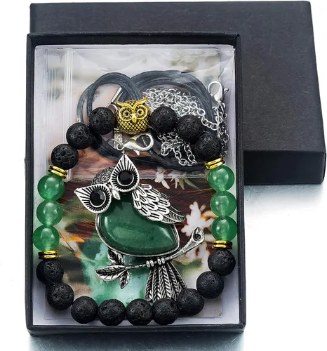 Vista 6 de Softones Collar de búho con cristales curativos para mujeres y hombres, collar de piedras preciosas de energía espiritual Reiki, juego de pulseras