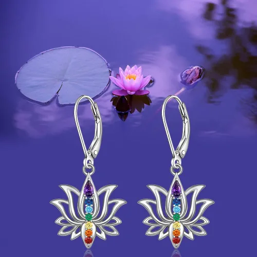 Vista 8 de Aretes de chakras, flor de loto, conejo, voleibol, 7 piedras de chakra, aretes colgantes para mujer, aretes colgantes de cristal curativo para yoga