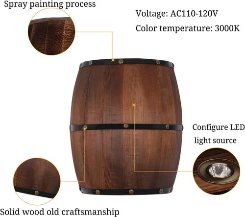 Vista 5 de Aplique de pared de barril de vino de madera antigua, lámpara de pared interior para área de bar, tema steampunk, accesorio de iluminación de pared