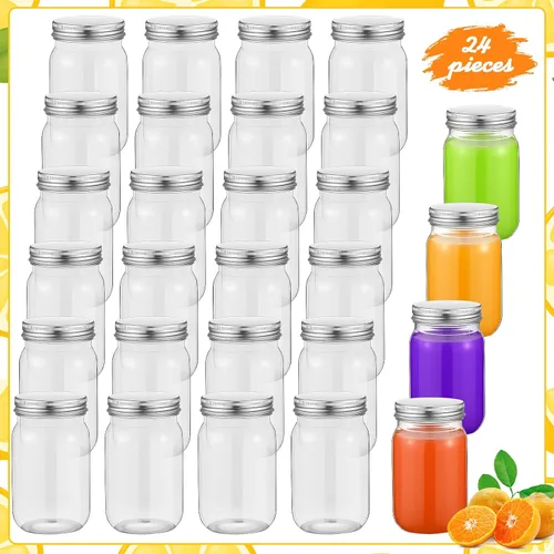Vista 2 de Gerrii 24 tarros de plástico transparente de 16 onzas con tapas, vasos de cóctel rellenables, envases de avena vacíos durante la noche, recipientes