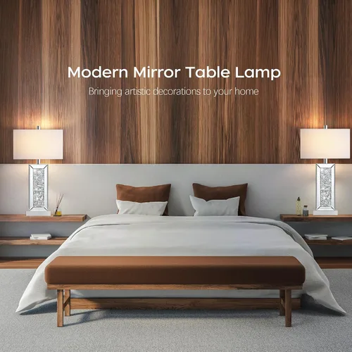 Vista 12 de Juego de 2 lámparas de mesa modernas con control táctil, lámpara de noche de espejo plateado con gran cristal de diamante, con puertos USB C+A