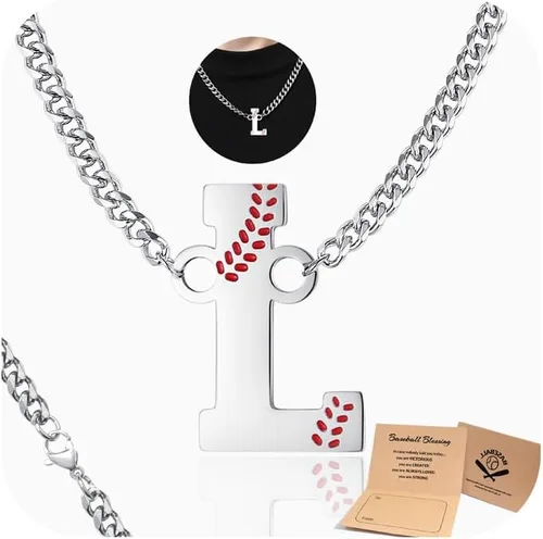 Vista 25 de QINJIEJIE Collar de béisbol inicial A-Z con letras, accesorios deportivos, colgante de encanto de béisbol, joyería de cadena de acero inoxidable 2-P