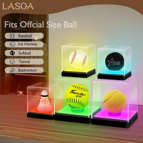 Vista 4 de LASOA Vitrina de béisbol con luz LED RGBW, caja de exhibición de acrílico para recuerdos, protección UV, a prueba de polvo para pelota autografiada