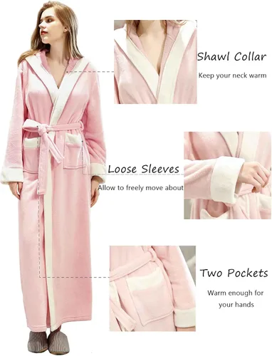Vista 4 de Artfasion Batas de baño largas y suaves con capucha para mujer, ropa de dormir cálida para invierno, bata de regalo