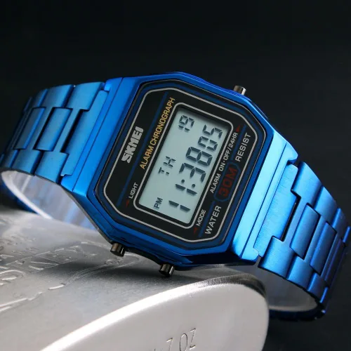 Vista 4 de PASOY - Reloj digital de acero inoxidable con retroiluminación, multifunción, cronómetro, resistente al agua, para hombre