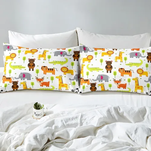 Vista 7 de Erosebridal Juego de ropa de cama individual de animales del zoológico para niños, lindo juego de edredón de animales salvajes de dibujos animados