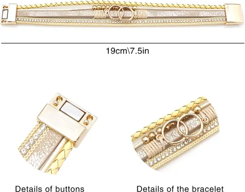 Vista 6 de Wovanoo Pulseras de cuero multicapa, pulseras envolventes de múltiples hebras, hechas a mano, brazalete de cuerda trenzada con hebilla magnética