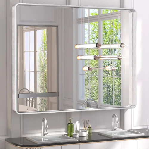 Vista 87 de Espejo de marco dorado cepillado de 16 x 24 pulgadas, espejo de tocador de baño de latón dorado para pared, espejo enmarcado rectangular de esquina