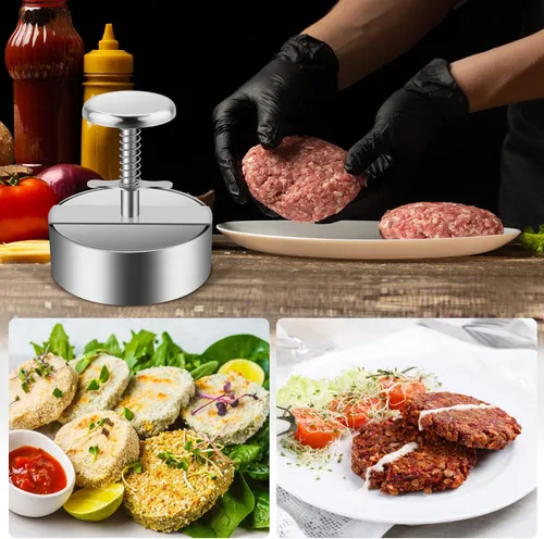Vista 6 de Prensa de hamburguesas, prensa de carne de hamburguesa ajustable de acero inoxidable, moldes antiadherentes para hacer hamburguesas son adecuados