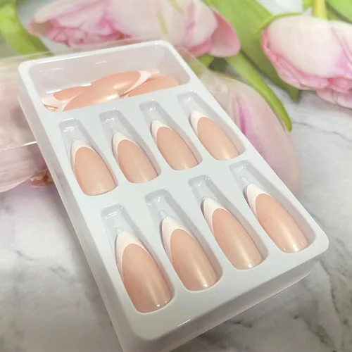 Vista 6 de Uñas postizas largas a presión de almendra, uñas postizas Aurora con punta francesa, 24 unidades, naturales, brillantes, cobertura completa