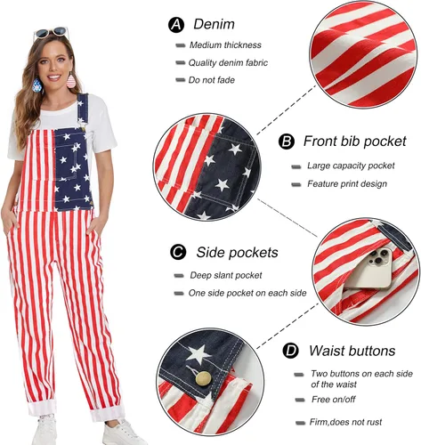 Vista 5 de Yuanbang Overol de bandera americana, con correas ajustables, para hombre, color rojo, blanco y azul, overol de mezclilla del 4 de julio