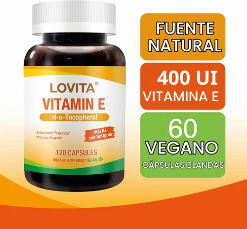 Vista 2 de LOVITA Vitamina E 400 UI cápsulas blandas veganas, vitamina E natural 268 mg (como D alfa tocoferol), para piel sana, cabello, uñas, antioxidantes