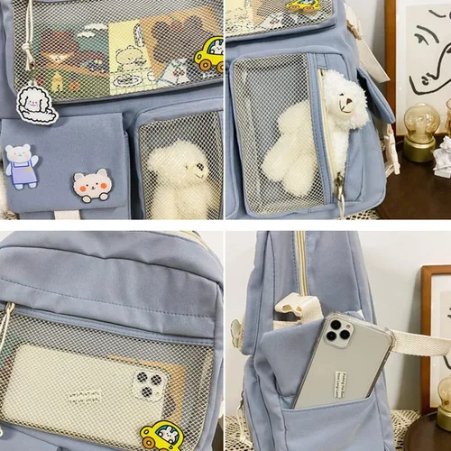 Vista 4 de Mochila Kawaii para niñas con bonitos accesorios de alfiler, colgante de felpa, mochila estética universitaria Kawaii, Azul (Blue BackPack), Classic