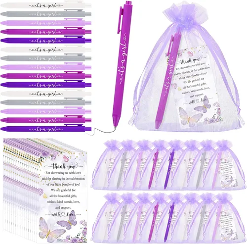 Vista 7 de Chuangdi Juego de 50 bolígrafos de baby shower, recuerdos para invitados, bolígrafos con texto en inglés "It's a Boy Girl", tarjetas de Azul