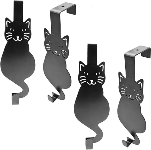 Vista 11 de Evelots Organizador para colgar toallas y abrigos sobre la puerta, con 4 ganchos, diseño de gatito, fácil instalación sin herramientas, hierro