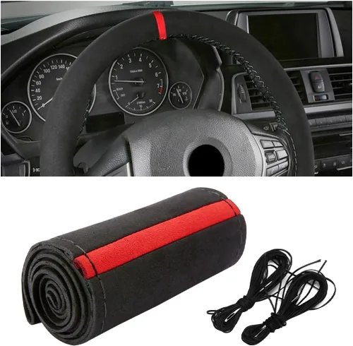 Vista 7 de Funda para volante de automóvil, protector envolvente completo de gamuza suave para volante con costura, con aguja e hilo, agarre cómodo, accesorios