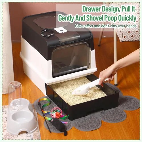 Vista 7 de Tioncy Kit de iniciación de 7 piezas para gatos pequeños, caja de arena para gatos con pala y alfombrilla de arena para patas, cuencos dobles Negro