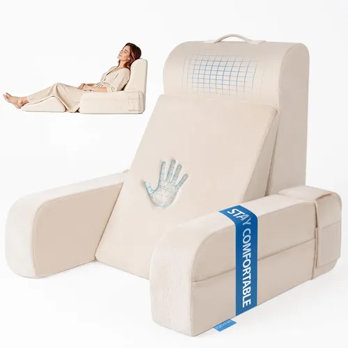 Vista 12 de Kayfia Almohada de lectura, almohada de espalda 10 en 1 para cama sentada con reposabrazos desmontable, respaldo con espuma viscoelástica de gel