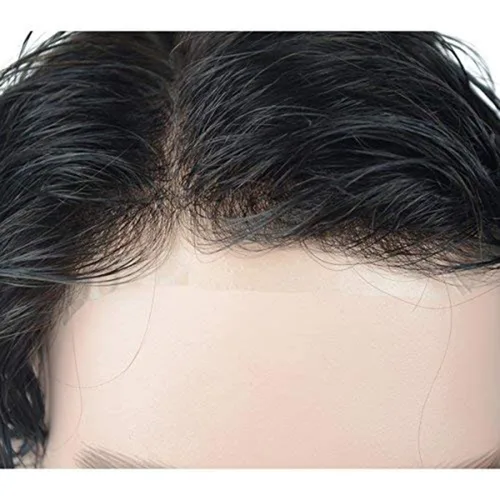 Vista 4 de Toupee para hombres, cabello humano para hombre, piezas de cabello de 0.002 in, piel suave y fina, un solo nudo, natural, ondulado, sistema