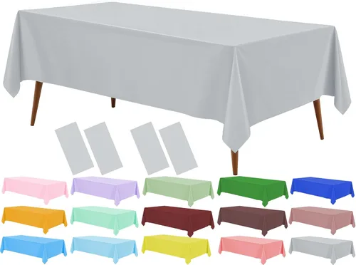 Vista 3 de Mantel de plástico rosa claro (paquete de 2), funda de mesa de comedor de 54 x 108 pulgadas para mesa rectangular, manteles desechables