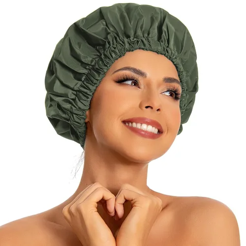 Vista 33 de Gorro de ducha reutilizable para mujer, grande, impermeable, lavable, banda elástica, accesorios de baño, sombrero para cabello largo, trenzas Beige