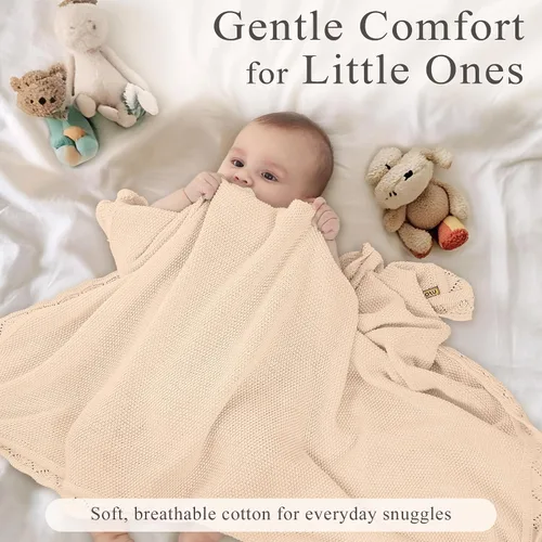 Vista 2 de Manta de punto para bebés para niños y niñas, 100% algodón, manta para cuna y cochecito para recién nacidos, bebés, niños pequeños, crema, 40 x 31