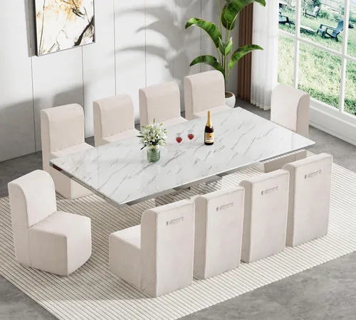 Vista 14 de Juego de mesa de comedor de mármol sintético blanco para 10, juego de mesa de comedor extensible de 11 piezas de 63 a 94 pulgadas con 10 sillas