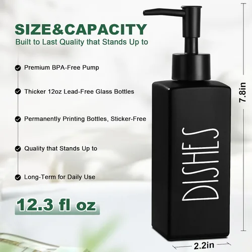 Vista 2 de Dispensador de jabón para platos, dispensador de jabón negro mate para cocina, dispensador de platos de vidrio con bomba, dispensador de botellas