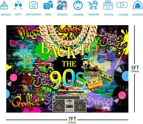 Vista 5 de Decoraciones de fiesta de hip hop de los años 90 de 7 x 5 pies, pared de ladrillo de regreso a fondos de los años 90 para fiestas I Love The 90