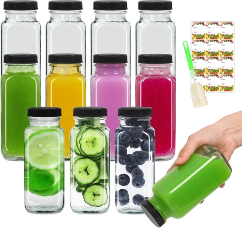 Vista 11 de AuroTrends Botellas de vidrio de 12 onzas con tapas 12Pack, botellas de vidrio de 360ml para jugos, agua, kombucha - Botellas de vidrio