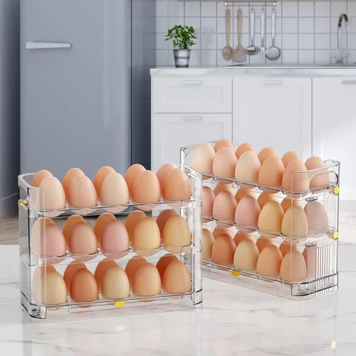 Vista 5 de Soporte reversible para huevos para refrigerador y encimera, bandeja de almacenamiento transparente para 30 huevos