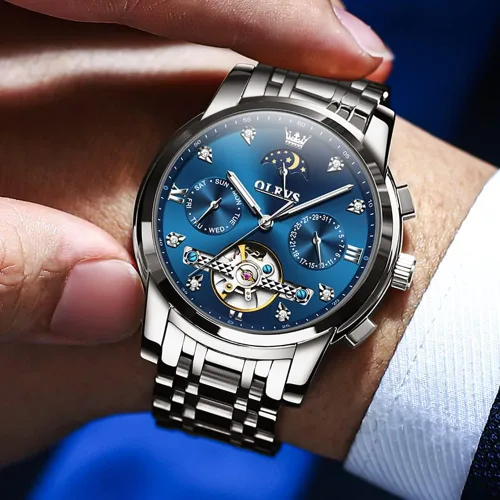 Vista 4 de OLEVS Men Automatic Watch Skeleton Moon Phase Dial Luxury Dress Stainless Steel Strap 5 Hands Diamond Men Wrist Watches